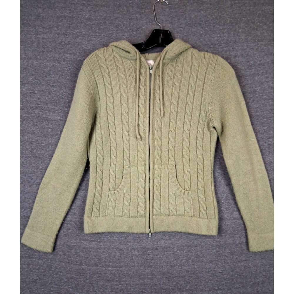 Alps Womens Sweater S Green Cable Knit Full Zip Hoodie Jacket Cardigan Fisherman
